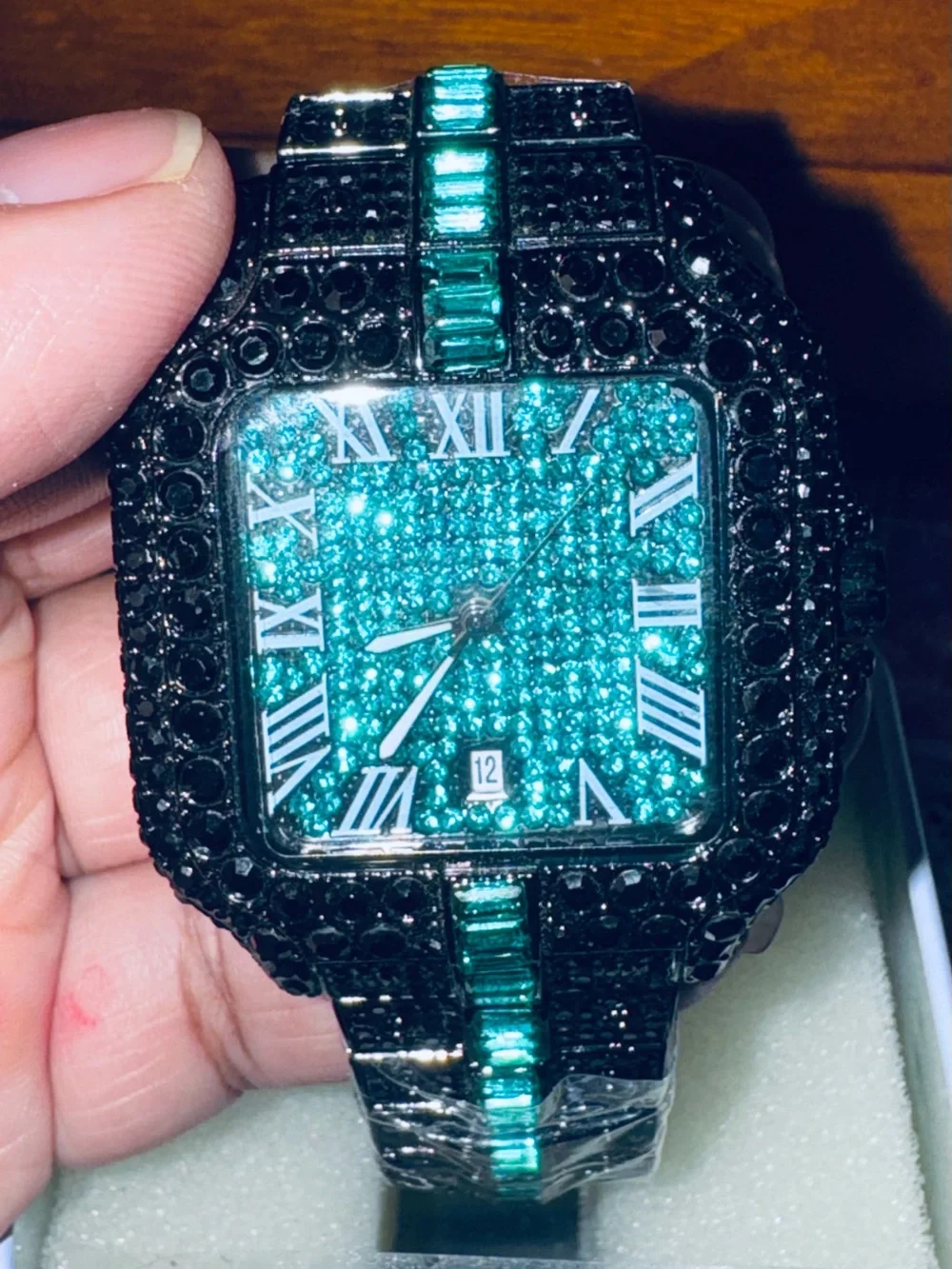 Green Crystal-Embellished Square Watch - Black Band
